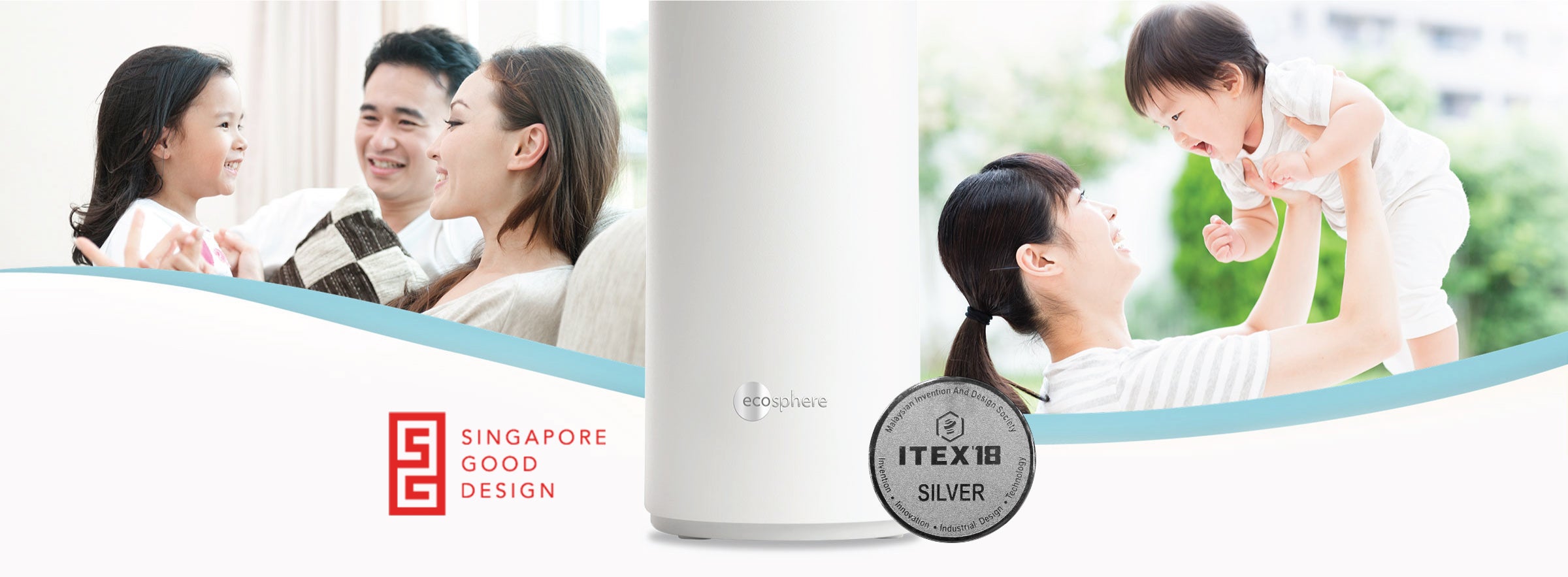 Photos of happy families in their homes with EcoSphere Water Purifier product photo in the center