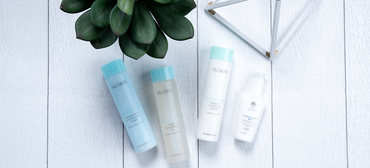 nutricentials ph balance matefying toner, pure cleansing gel, and creamy cleansing lotion, along with Nu Skin moisture restore day 