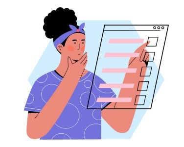 Concept of 3 step procedure to make custom skincare product. graphic of person looking at data