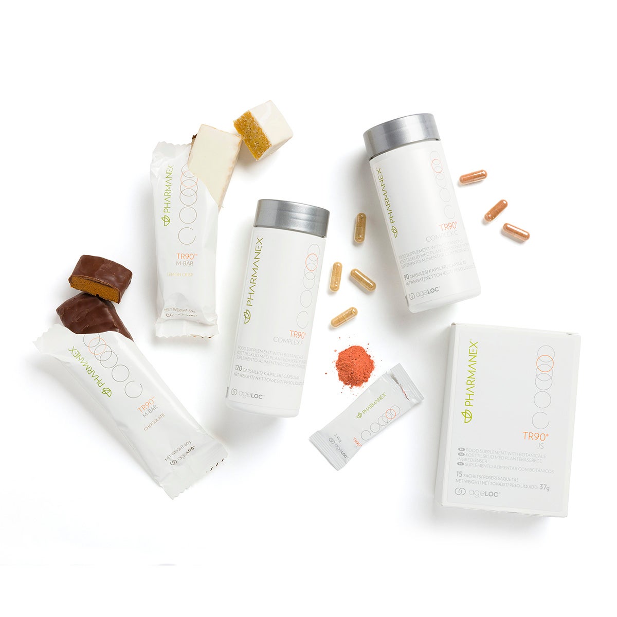 Pharmanex TR90 30-day weight management program products including TR90 M-Bar chocolate and lemon crisp flavour, Complex C bottle and capsules, Complex F bottle and capsules, and JS sachet and box.