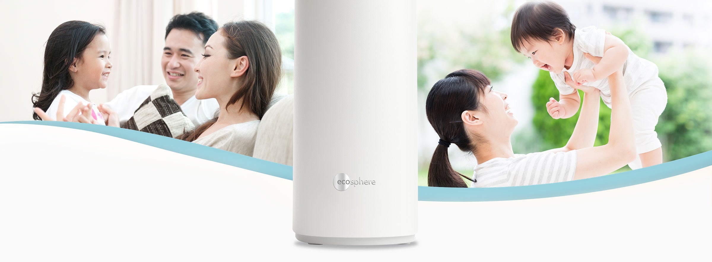 Photos of happy families in their homes with EcoSphere Water Purifier product photo in the center