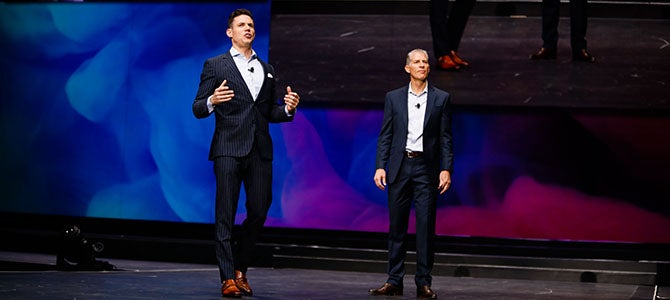 Ritch Wood, Nu Skin CEO, and Ryan Napierski, Nu Skin President, on stage kicking off the launch sessions.