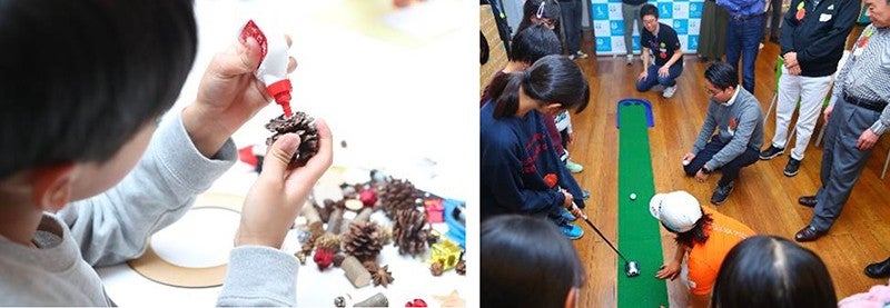 写真左：クリスマス リースの工作の様子。写真右：永井選手とパターゴルフを楽しむ子どもたち。