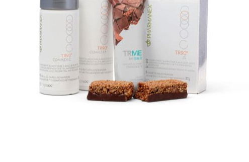 Pharmanex TR90 30-day weight management program products including TR90 M-Bar chocolate and lemon crisp flavour, Complex C, Complex F and JS.
